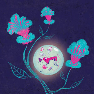 Une jeune fille lit dans une bulle portée par une plante bleu et rose. sur un fond bleu nuit. C'est le visuel du festival Faites-Lire réalisé par Cyril Pedrosa.